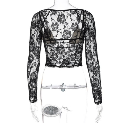 Long sleeve hollow out contrast lace 2 piece cut out top