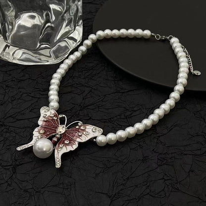 Red butterfly faux pearl choker necklace