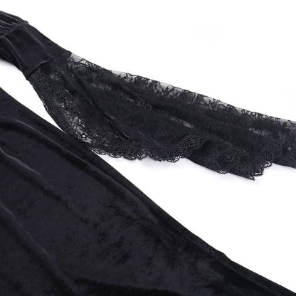 Crewneck long flared sleeve slit velvet lace midi dress