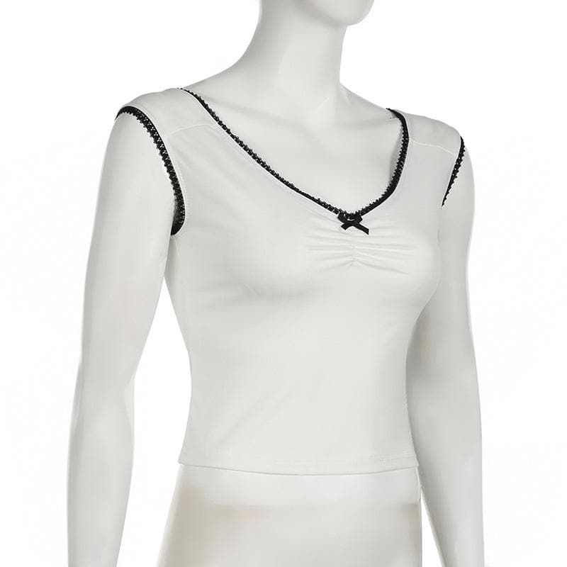 V neck bowknot ruched lace hem top