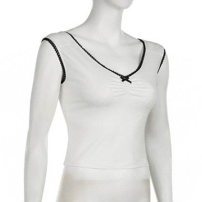 V neck bowknot ruched lace hem top