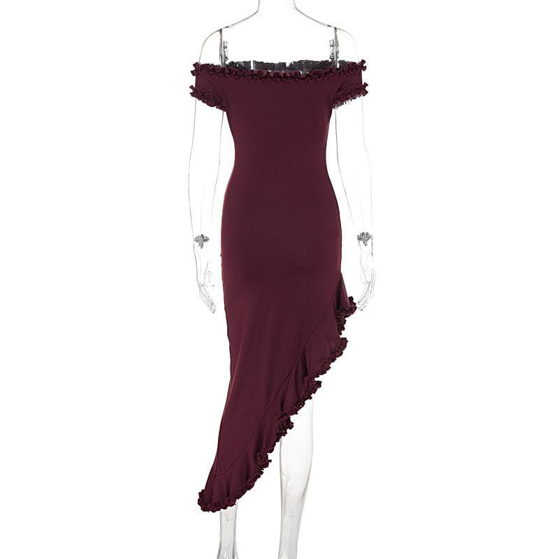 Short sleeve off shoulder ruffle irregular midi dress