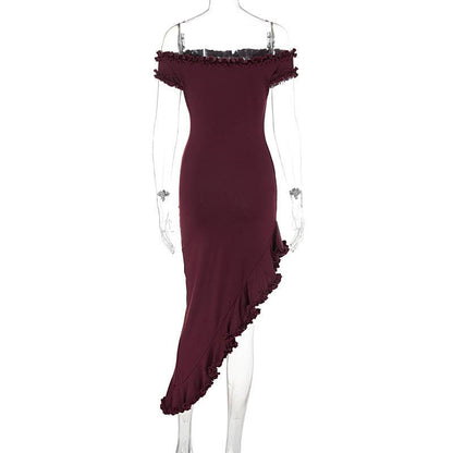 Short sleeve off shoulder ruffle irregular midi dress