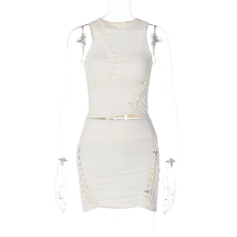 Hollow out solid sleeveless irregular crewneck mini skirt set-final-sale