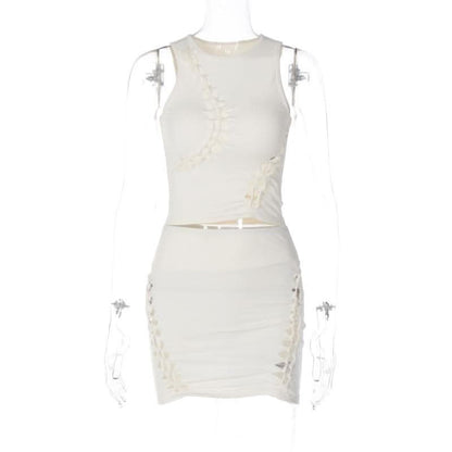 Hollow out solid sleeveless irregular crewneck mini skirt set-final-sale