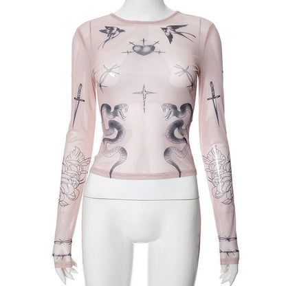 Long sleeve angel print sheer mesh crewneck top