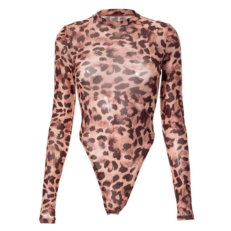 Long sleeve crewneck sheer mesh button print bodysuit