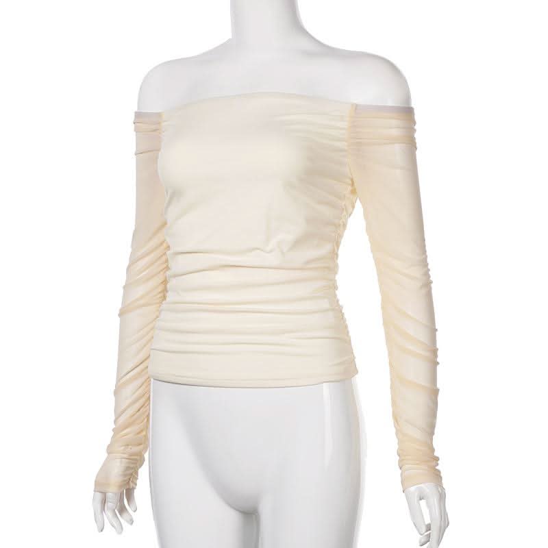 Long sleeve off shoulder mesh ruched top