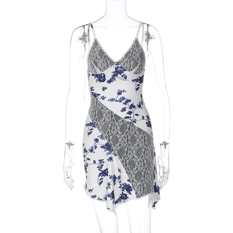 Lace v neck print patchwork ruffle cami mini dress