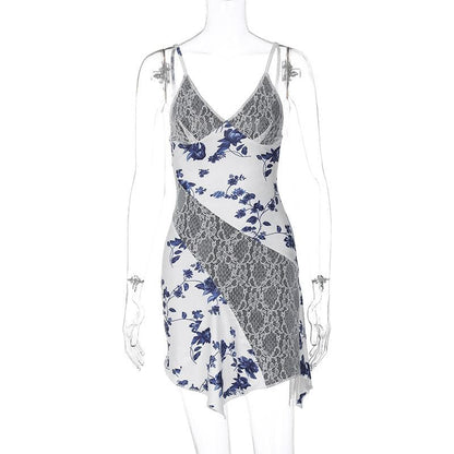 Lace v neck print patchwork ruffle cami mini dress