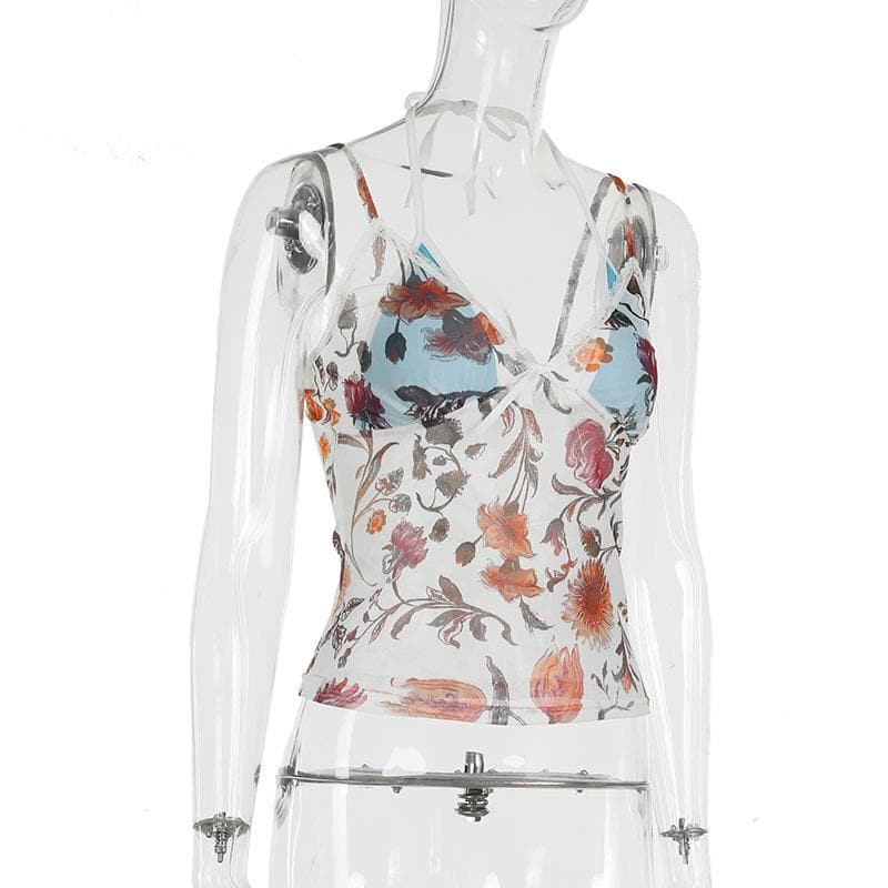 Halter contrast bowknot mesh top