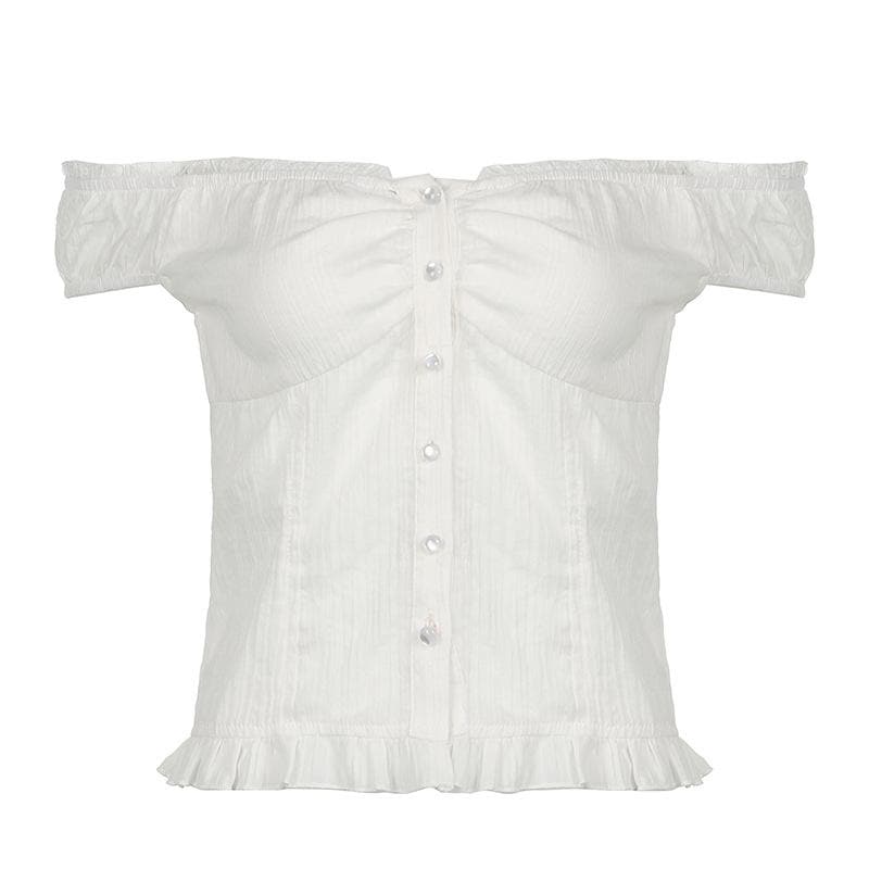 Off shoulder ruched button ruffle top