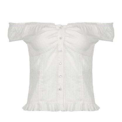 Off shoulder ruched button ruffle top