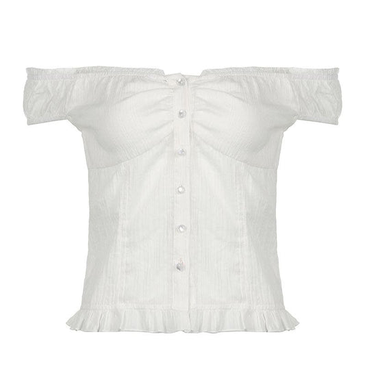 Off shoulder ruched button ruffle top