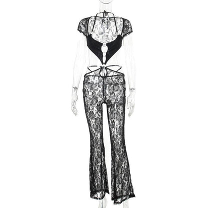 Short sleeve halter o ring lace hollow out jumpsuit