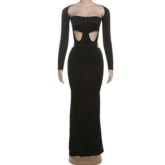 Long sleeve u neck hollow out cut out maxi dress