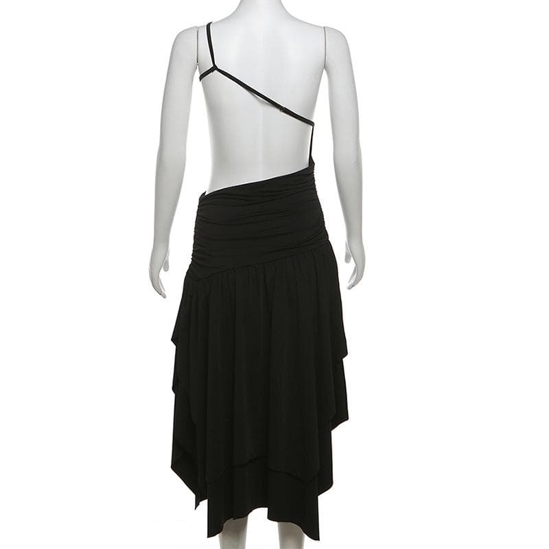 One shoulder hollow out ruched ruffle cut out midi dress