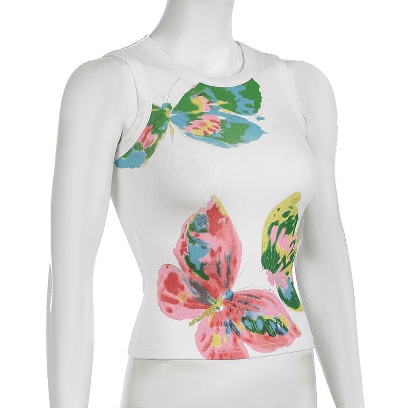 Crewneck butterfly print contrast tank top