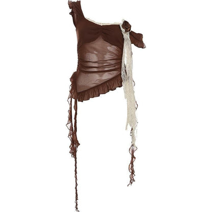 Flower applique lace hem mesh irregular cami top