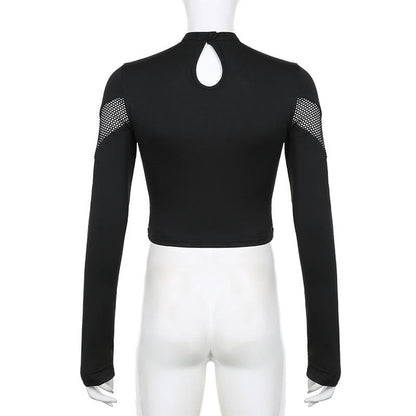 Fishnet patchwork solid button long sleeve crop top