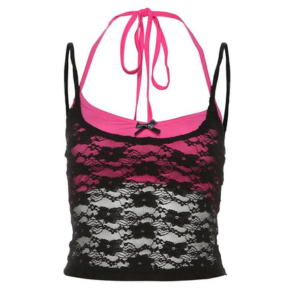 Halter lace bowknot 2 piece top