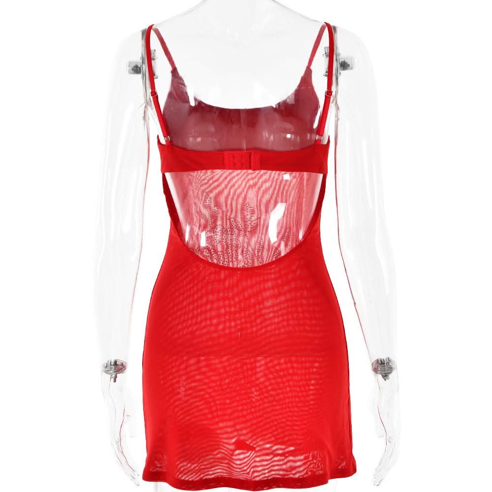 Beaded pattern u neck backless cami mini dress