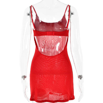 Beaded pattern u neck backless cami mini dress