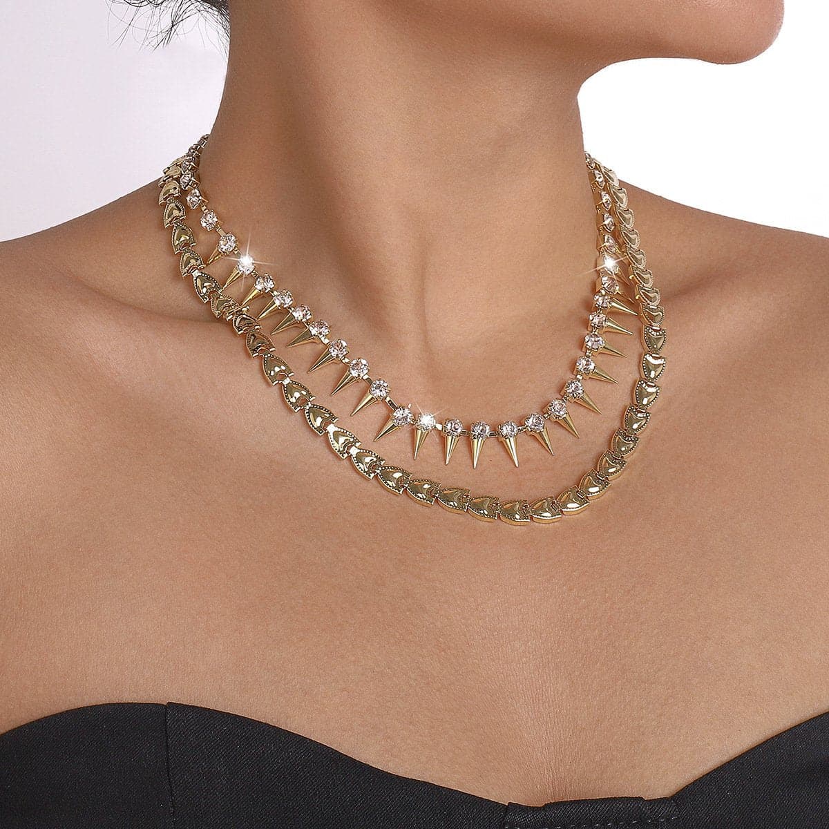 Rhinestone rivet layered solid necklace