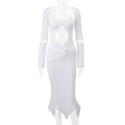 Long Sleeve O Ring Cutout Ruched Shrug Cami Midi Dress