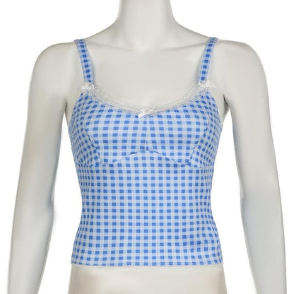 Lace hem plaid backless bowknot cami top
