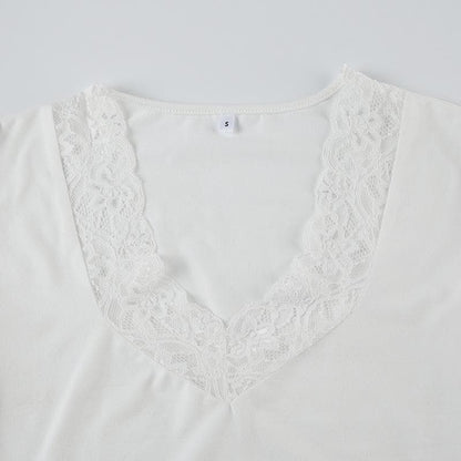 V neck cap sleeve lace hem top