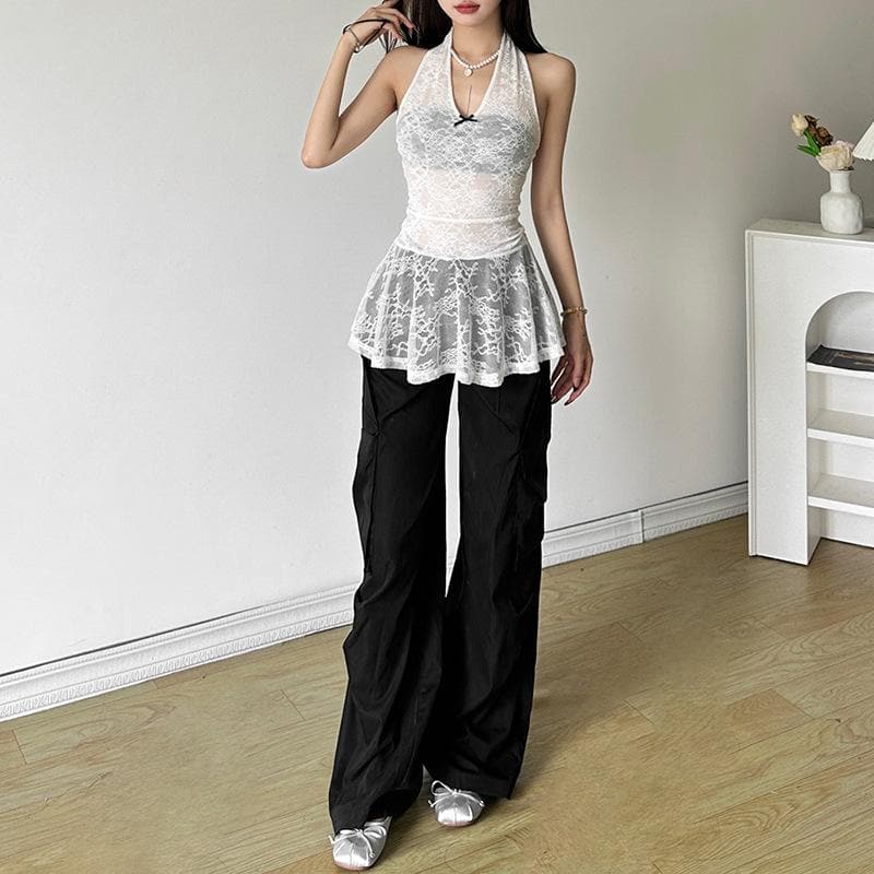 Halter lace bowknot ruffle top