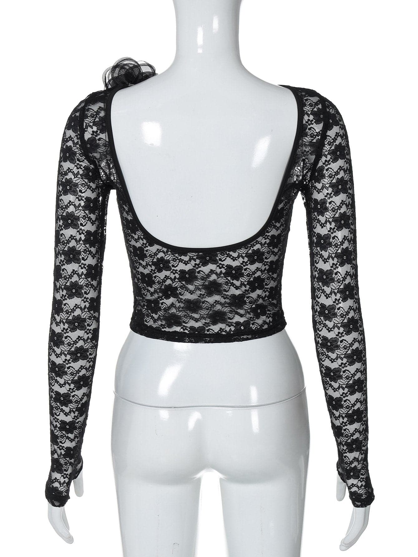 Long sleeve lace flower applique backless top