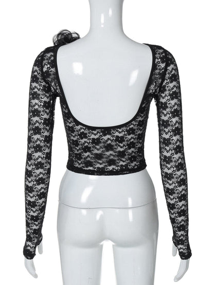 Long sleeve lace flower applique backless top