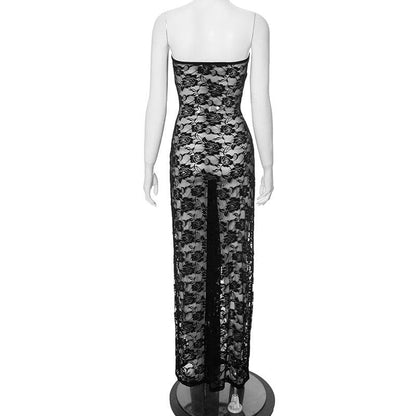 Lace ruched ruffle see through tube maxi dress