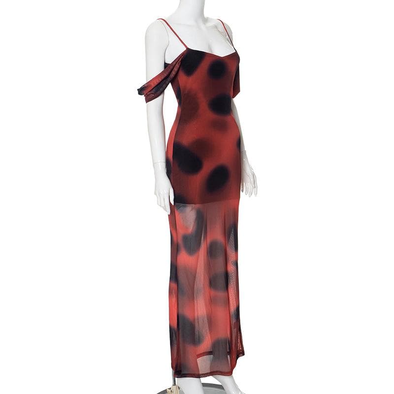 Off Shoulder Spaghetti Strap Blurred Dot Print Sheer Mesh Maxi Dress