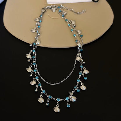 Shell pendant rhinestone layered choker necklace
