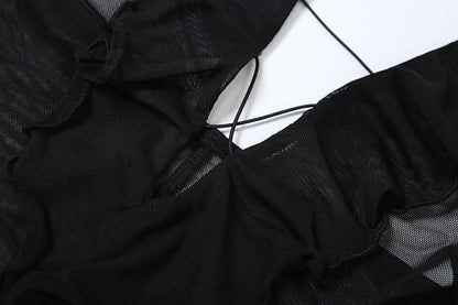 Sheer mesh solid ruffle see through cross front jumpsuit-final-sale