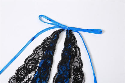 Self tie halter lace hem irregular backless contrast maxi dress