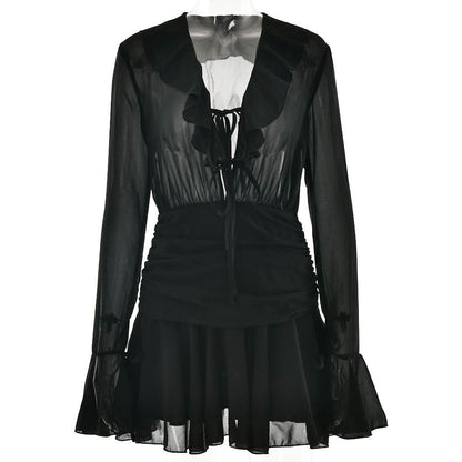 V neck long sleeve chiffon ruched ruffle mini dress