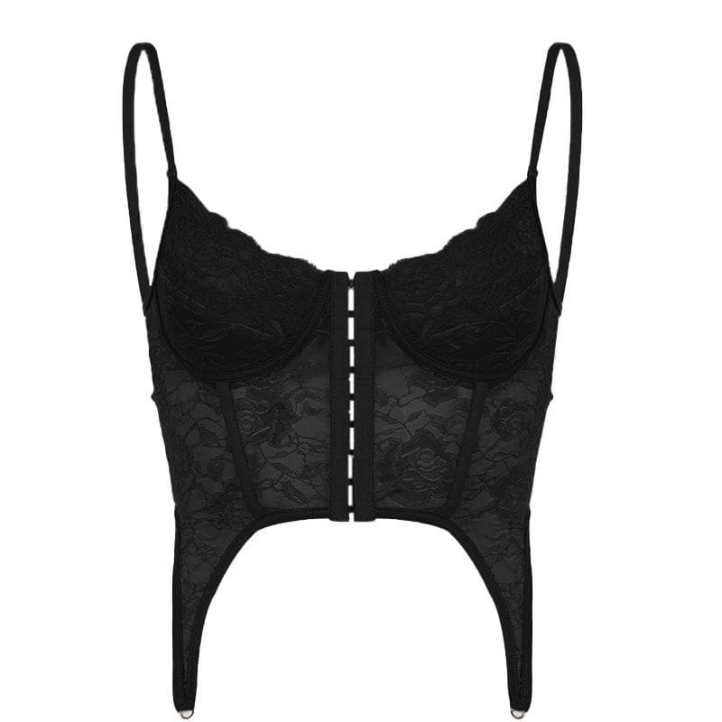 Button-through front lace see-through cami top