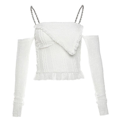 Textured solid long sleeve metal chain lace hem off shoulder top