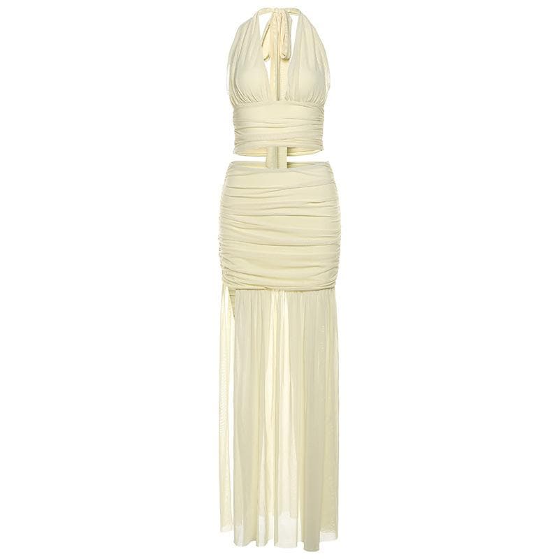 Halter ruched deep v neck high slit mesh maxi skirt set-final-sale