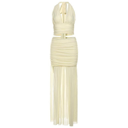 Halter ruched deep v neck high slit mesh maxi skirt set-final-sale