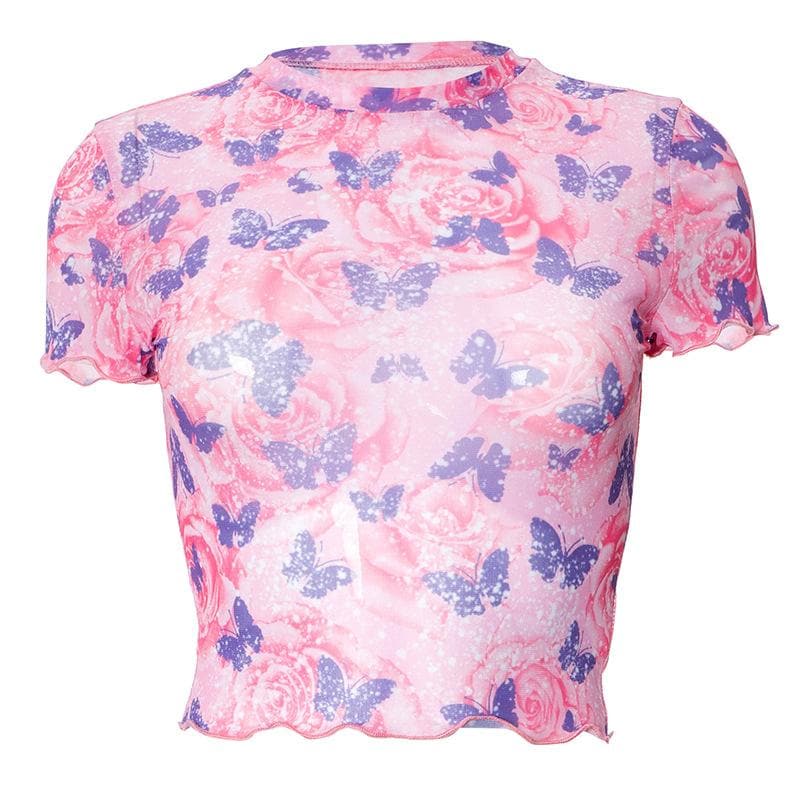 Short sleeve butterfly print sheer mesh crewneck ruffle top