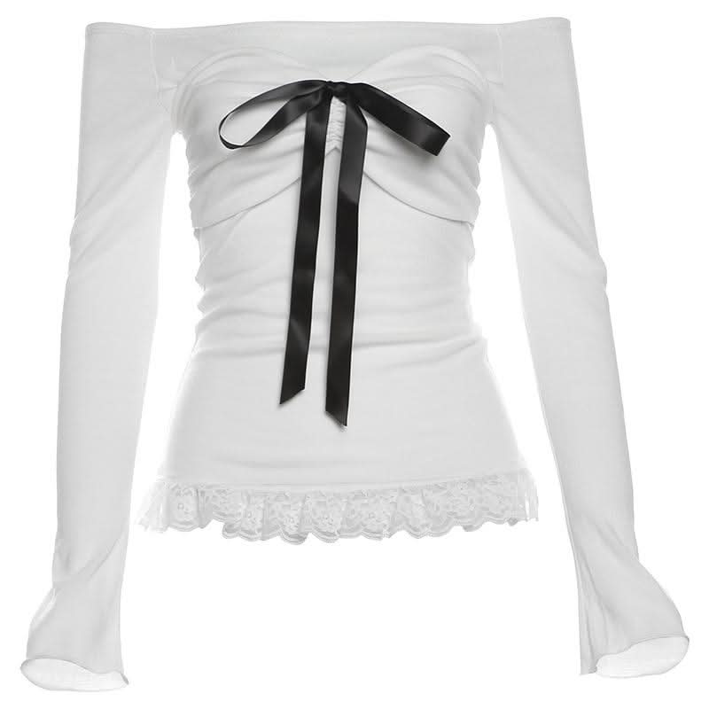 Long sleeve bowknot off shoulder lace hem ruched top