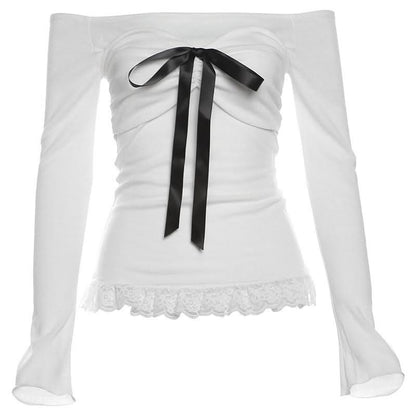 Long sleeve bowknot off shoulder lace hem ruched top