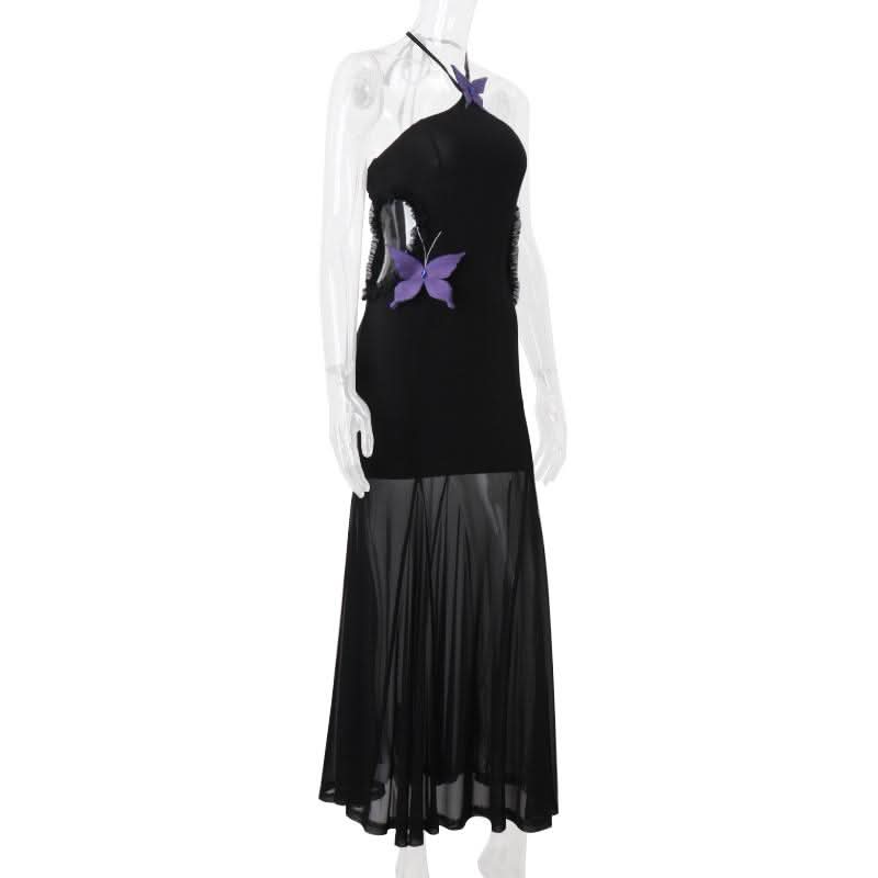 Halter butterfly applique hollow out mesh cut out maxi dress