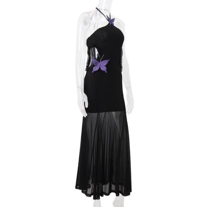 Halter butterfly applique hollow out mesh cut out maxi dress