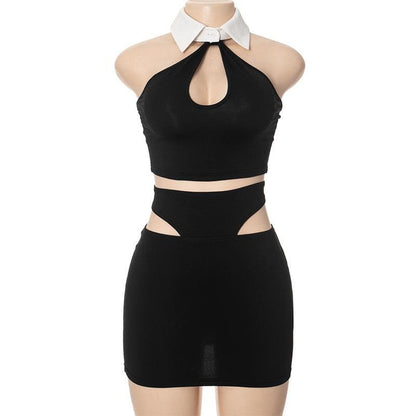Halter turnover collar hollow out mini skirt set